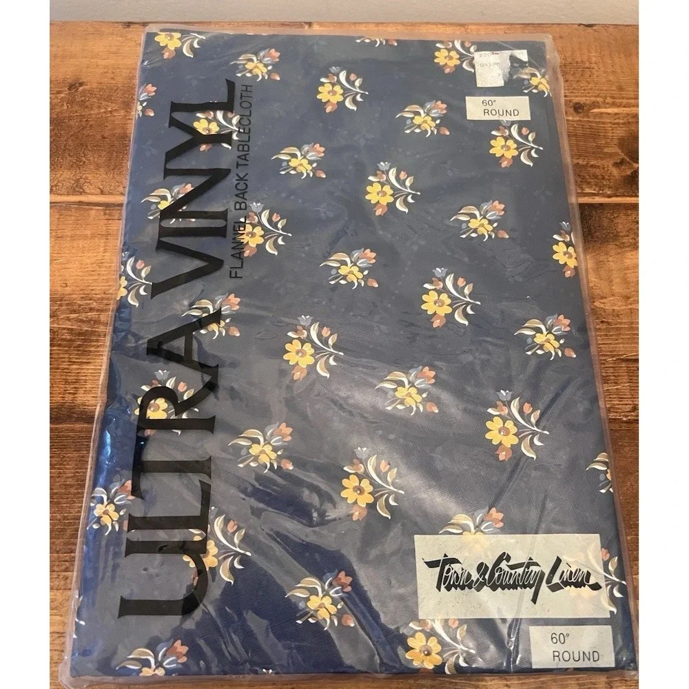 Vintage Fall Vinyl tablecloth Flannel Navy Floral Round NY USA